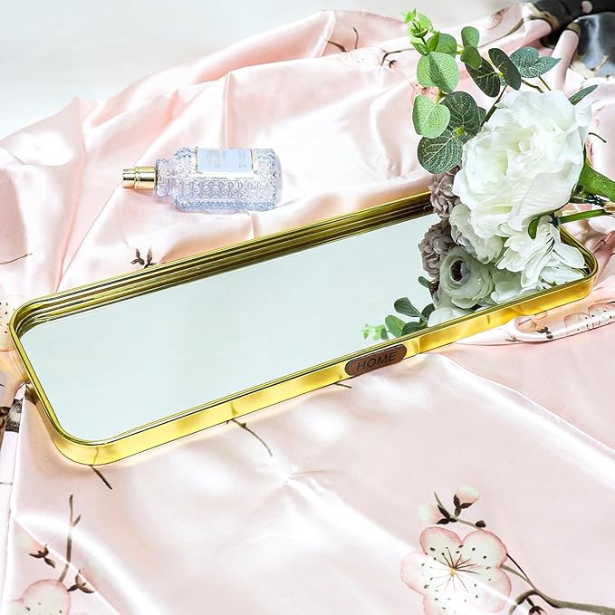 Gold Mirrored Vanity Tray, Small Rectangular Stainless Steel Perfume Organizer, Decorative Glass Mirror Tray for Jewelry, Makeup, Skincare, Bathroom Countertop,Dresser Decor (7.87" x 3.94")