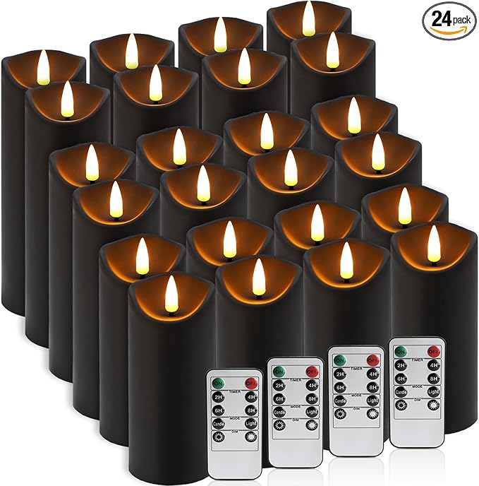 Set of 24 Flickering Black Flameless Candles, Battery Operated LED Pillar Candles with Remote Control and Timer Essential forfor Home Decor&Festival Celebrations&Table Decorations&Wedding.
