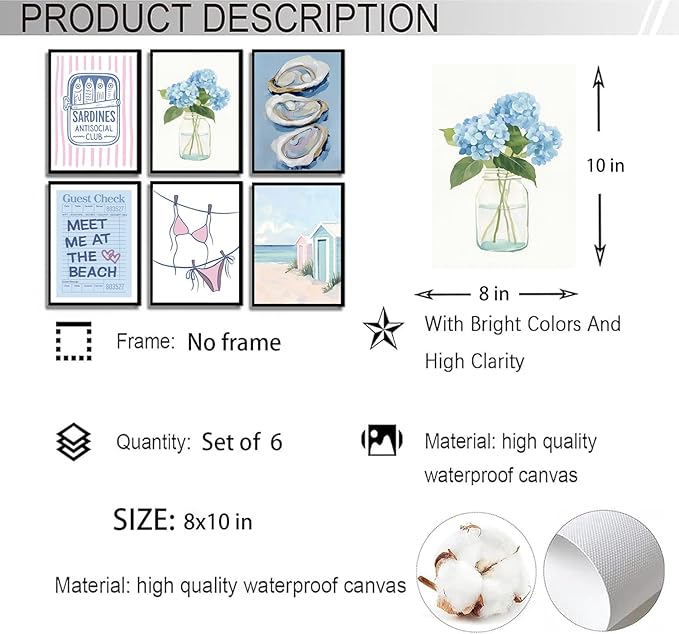 Zuowclli 6Pcs Preppy Coastal Wall Art Prints Pink Blue Coastal Granddaughter Wall Decor Pictures Summer Bikini Oysters Hydrangeas Beachy Aesthetic Posters for Girly Bedroom Dorm Apartment 8x10in