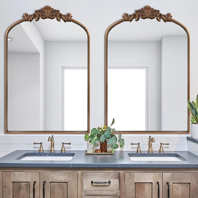 HQiJun Antique Gold Arched Baroque Mirror 24x36 - Brass Finish Metal Frame, Intricately Carved Vertical Wall Mirror for Entryway, Living Room, Bathroom Vanity & Dining Room