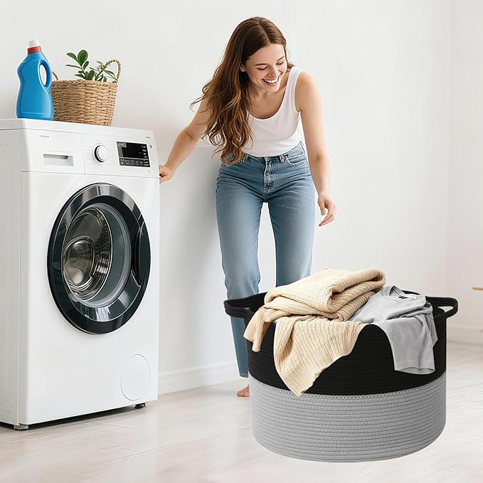 90L Large Blanket Basket, 21.7"x 21.7"x 13.8" Rope Woven Storage Basket with Handles, Laundry Hamper for Toys,Clothes,Pillows & Towels,Perfect for Living Room,Bedroom,Black&Light Grey