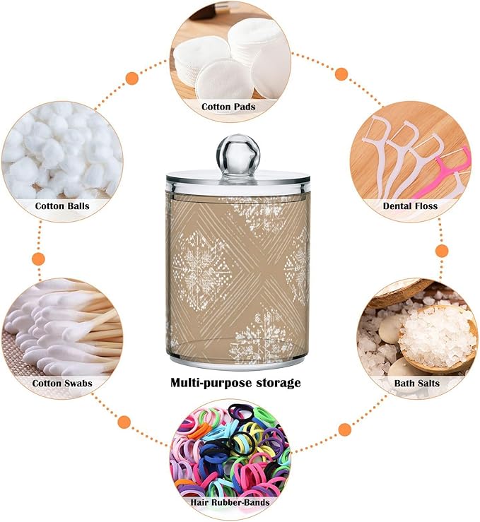 2 Pack Apothecary Jars Snowflake Pattern Design Brown Bathroom Vanity Storage Organizer Set,Small Clear Plastic Storage Jars Bathroom Canister for Cotton Swabs, Rounds, Balls, Qtips,Makeup Spon
