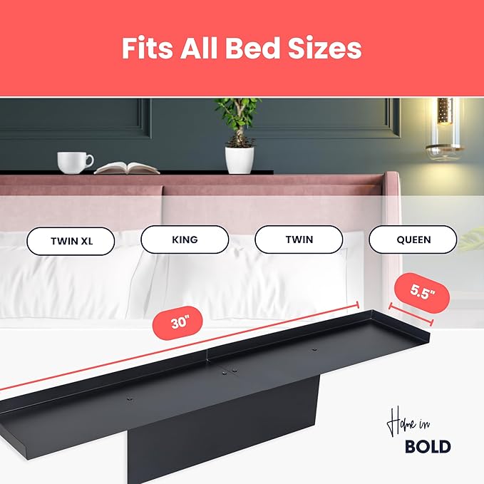 Home in Bold No-Screws Bed Headboard Shelf Attachment (Only for Straight headboards) - Metal Twin, King, Queen - Renter Friendly Over Storage for Bed - Dorm Headboard Shelf King Queen