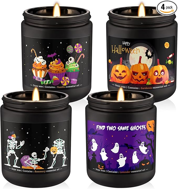 Halloween Scented Candles Set of 4 (7oz Each) – Spooky Aromatherapy Soy Wax Candles with Bat & Ghost Designs, Smokeless for All Saints' Day, Home Decor & Festive Gifts