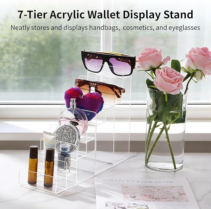 7-Tier Acrylic Wallet Display Stand (2 Pack), Clear Purse & Handbag Organizer Rack, Tiered Riser Shelf for Sunglasses, Perfume, Cosmetics, Jewelry, Retail Counter