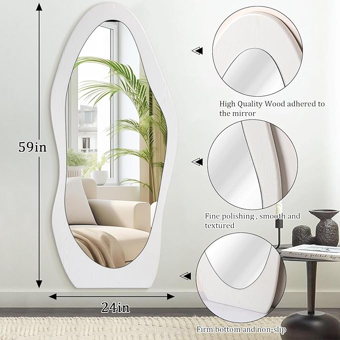 Wavy Mirror Wooden 59" x 24" Floor Mirror Full Length White Irregular Full Body Mirrors for Bedroom Cloakroom Living Room Entryway Hall