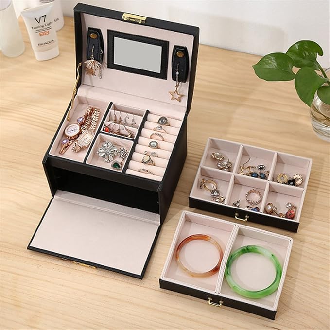 3layers Stud Earrings Ring Jewelry Box Portable Makeup Organizer with Mirror Women Travel Jewellery Storage Case 1Pcs (Color : Light Blue style1)