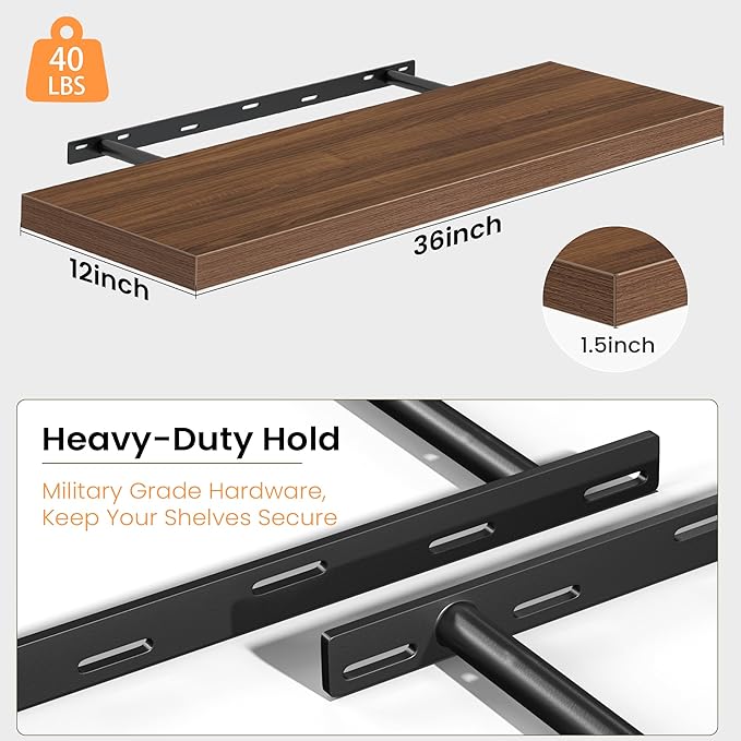 36 Inch Floating Shelves for Wall, 12 Inch Deep Shelves for Bedroom, Kitchen, Bathroom Wall Mounted, Rustic Wood Floating Shelf with Invisible Brackets for Books, Storage, Decor, Walnut, 2 Pack