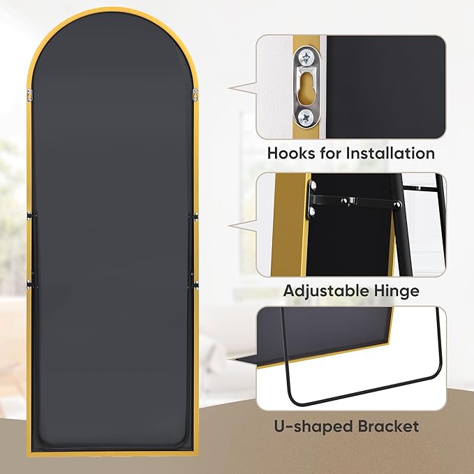 Antok Arched Full Length Mirror, 68"x28" Gold Metal Frame Floor Mirror for Bedroom Living Room, Freestanding/Wall Mount/Leaning