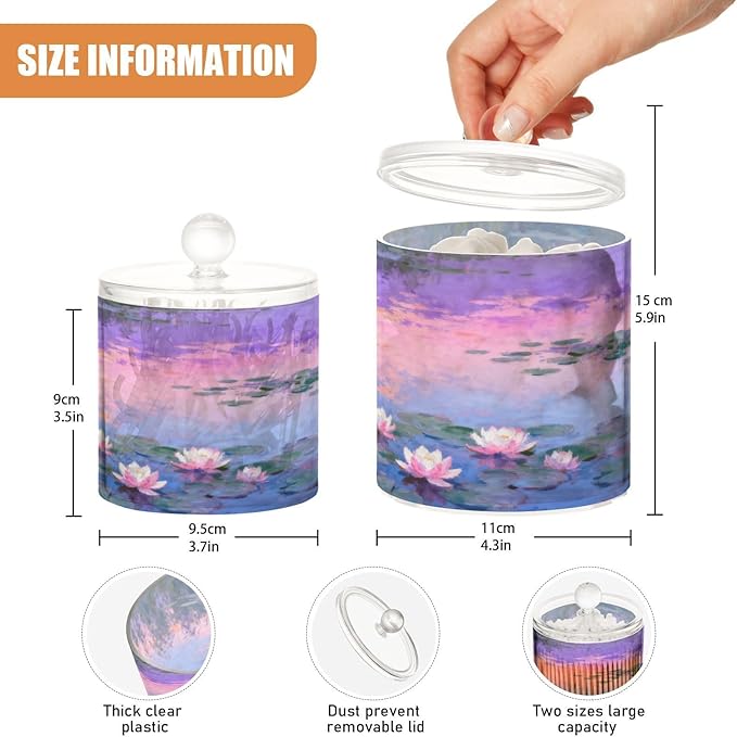 Oil Painting Lake Waterlily Purple Clear Plastic Makeup Organizer Storage with lid Pantry Essentials Decorative small storage bins for Cotton Swabs,Cotton Pads,Floss Picks,Paper Clips,Hair