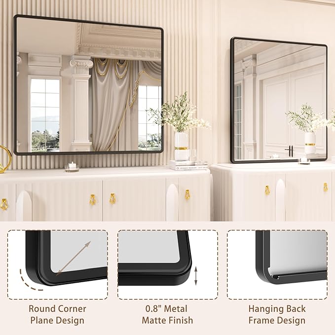 pertetey New Upgrade Bathroom Mirror, 40X36 Inch Black Metal Frame Wall Mounted Rounded Rectangle Bathroom Vanity Mirror with Tempered Glass for Washroom Bedroom Living Room
