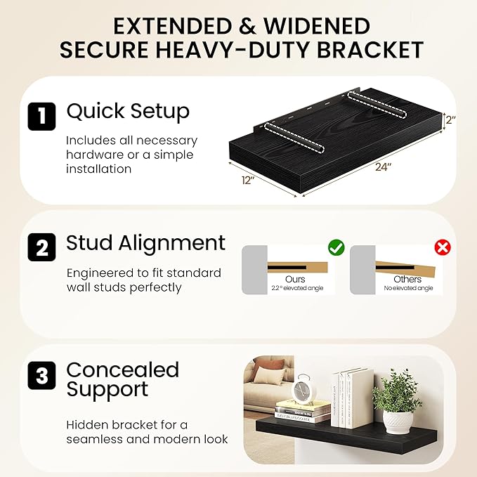 Fun Memories 72 Inch Floating Shelves, 12 Inch Deep Wall Shelf for Fireplace Mantel, Deep Storage Shelves for Home & Office, Long Floating Shelf with Invisible Bracket, Black, Set of 2