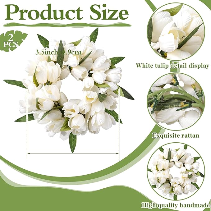 Daifunli 2 Pcs Spring White Tulip Candle Ring Vibrant Floral Candle Wreath Ring for Pillar 3.9 Inch Candles Holder for Wedding Holiday Dining Table Centerpiece Decor