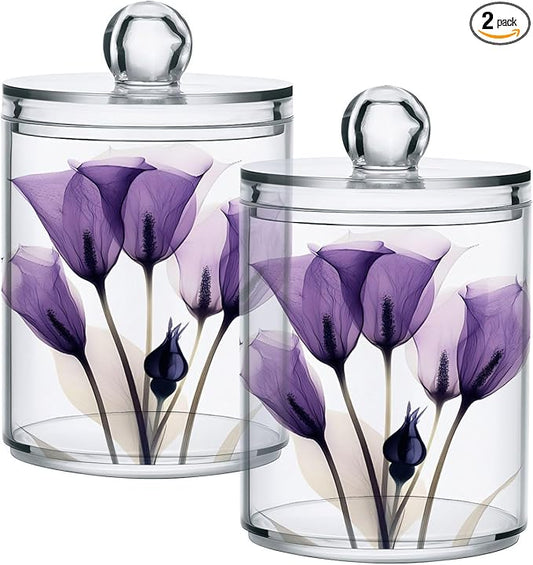 2 Pack Qtip Holder Dispenser for Cotton Ball Purple Tulip Lily Flower Swab Round Pads Clear Plastic Acrylic Jar Set Bathroom Canister