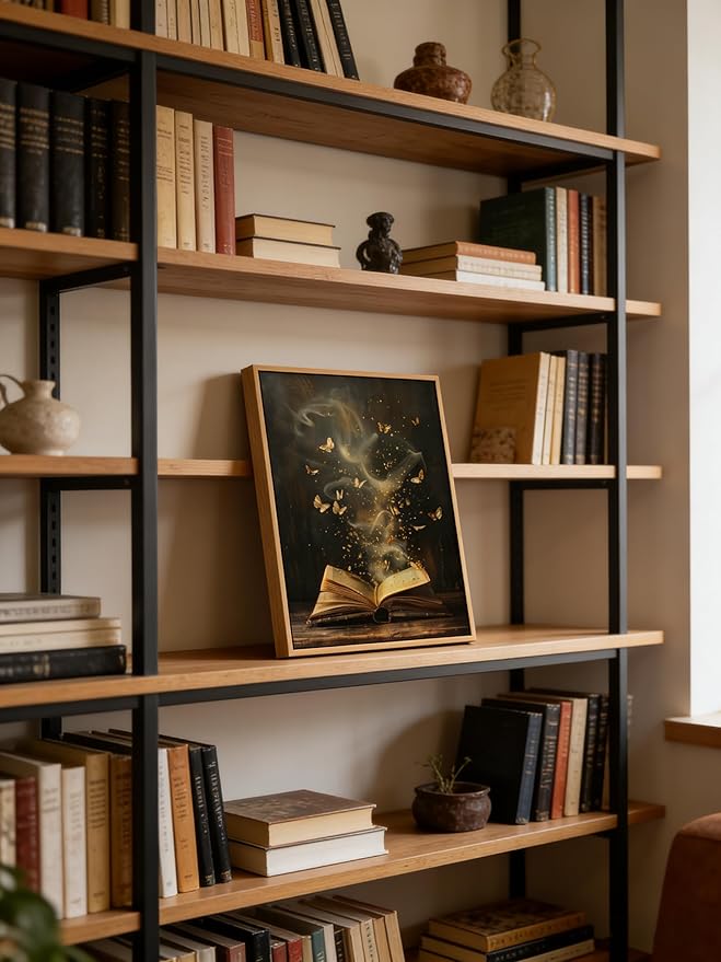 Framed Moody Victorian Bookish Wall Art Dark Academia Library Canvas Wall Decor Picture Vintage Reading Nook Butterfly Aesthetic Painting Poster Print for Gallery Library Bookstore Decoration 16x24in