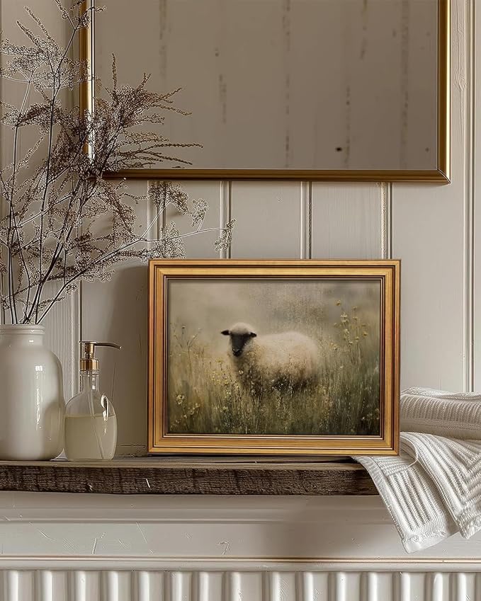 InSimSea Gold Framed Canvas Prints Wall Art, Vintage Moody Sheep Decor, Countryside Landscape Paintings Farmhouse Wall Decor Aesthetic, Antique Pictures for Bedroom Living Room Shelf, 12x16inch
