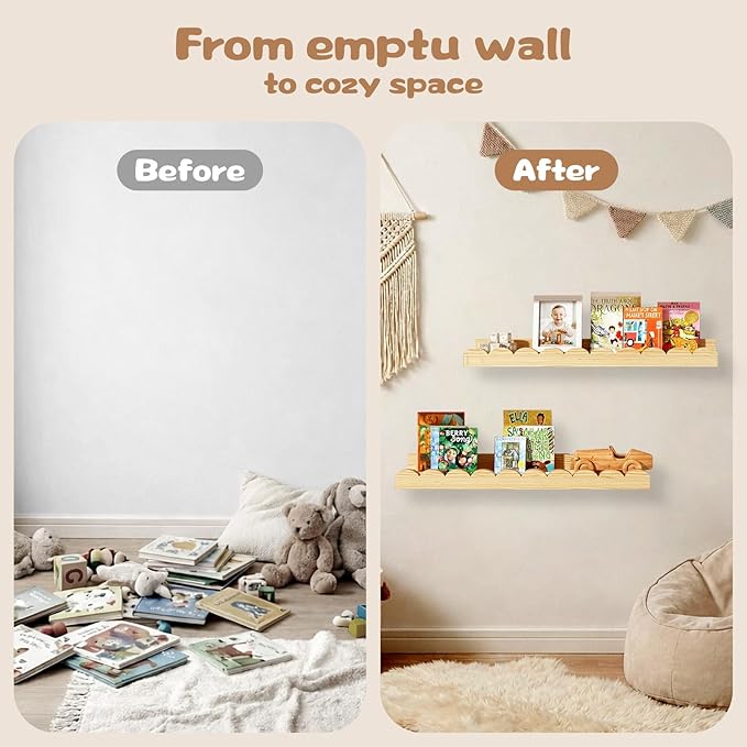 Nursery Floating Shelves for Kids Room, 4 Pack 15.7 Inch Natural Wood Wall Shelves with Scalloped Edge, Kids Bookshelves for Toddler Bedroom, Playroom, Baby Nursery Decor