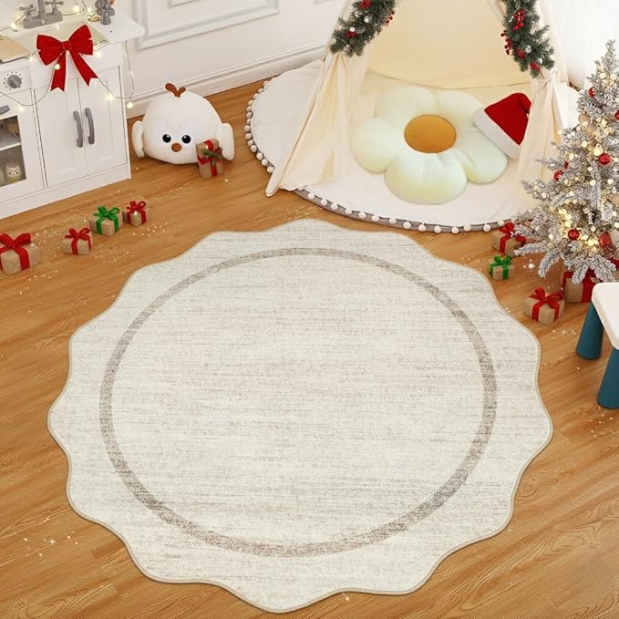 GarveeHome Scalloped Washable Round Rugs, Non-Slip Soft Round Rug 4 ft Ultra-Thin, Small Boho Circle Stain Resistant Low Pile Carpet for Entryway Kitchen Bedroom Nursery Bathroom, Beige