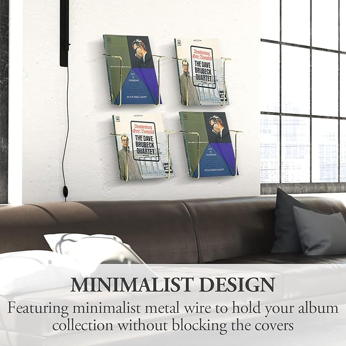 MyGift Modern Metal Wire Wall Mounted Vinyl Records Storage Racks, Hanging LP Record Holders, Floating Album Cover Display Shelves, Set of 2 (Brass- 4 Pcs)