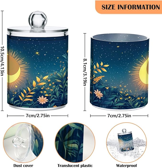 Nander 2Pack Sun and Moon Qtip Holder Dispenser -Clear Plastic Apothecary Jars Set - Restroom Bathroom Makeup Organizers Containers for Cotton Swab, Ball, Pads, Floss