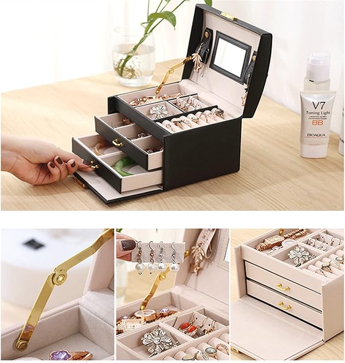 3layers Stud Earrings Ring Jewelry Box Portable Makeup Organizer with Mirror Women Travel Jewellery Storage Case 1Pcs (Color : Light Blue style1)