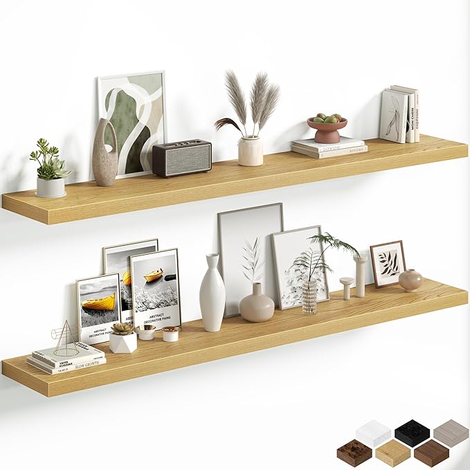 Fun Memories 72 Inch Floating Shelves, 12 Inch Deep Wall Shelf for Fireplace Mantel, Oak Deep Storage Shelves for Home & Office, Long Floating Shelf with Invisible Bracket, Set of 2
