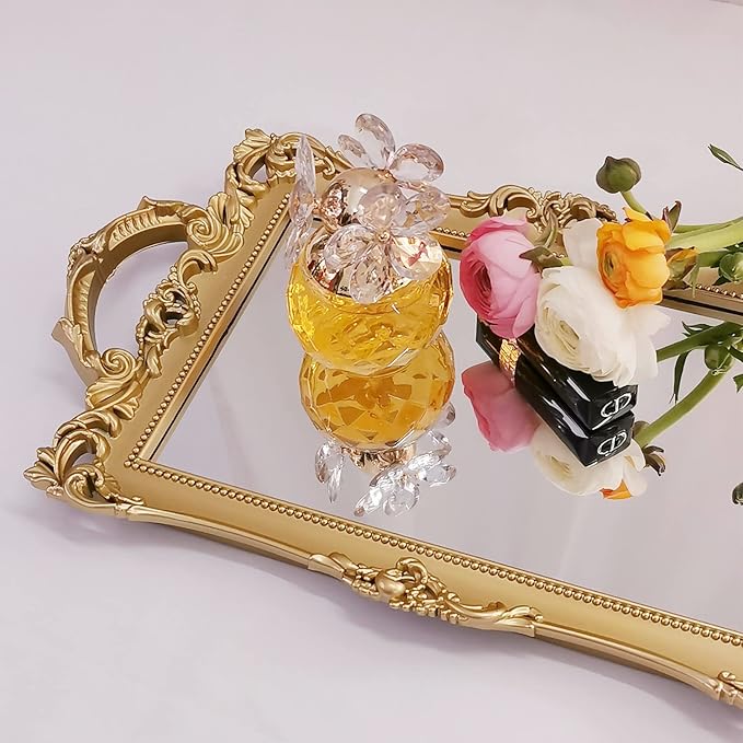 Small Rectangle Decorative Mirror Tray, French Style, Makeup Organizer, Jewelry Organizer, Serving Tray, 13"x 7.8", Gold