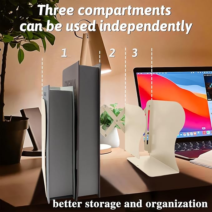 Adjustable Bookends Non Skid Decorative Bookends,Metal Bookend for Heavy Books,Bookshelf Organizer Holder for Books and Magazines for Desk(Beige)