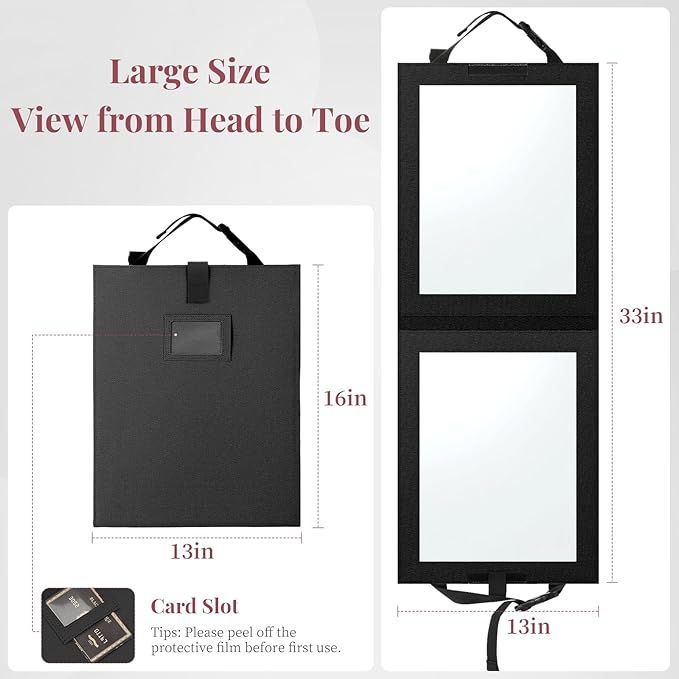 Shinowa Foldable Portable Full Length Mirror for Dancer, Camping and Travel, Shatter-Proof Acrylic Hanging Mirror with Handle, 33x13 Inch Full Body Travel Backstage Mirror, Black