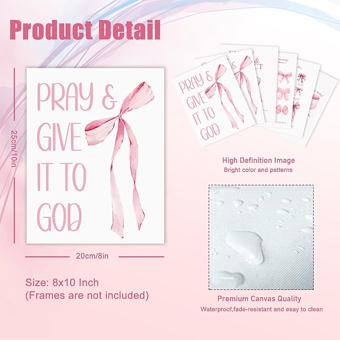 KBKBART Coquette Pink Bow Wall Art Decor Posters– Set of 6 Unframed 8x10 Prints, Inspirational Bible Verse Posters for Girls Room, Aesthetic Christian Decor for Bedroom, Bathroom, or Dorm