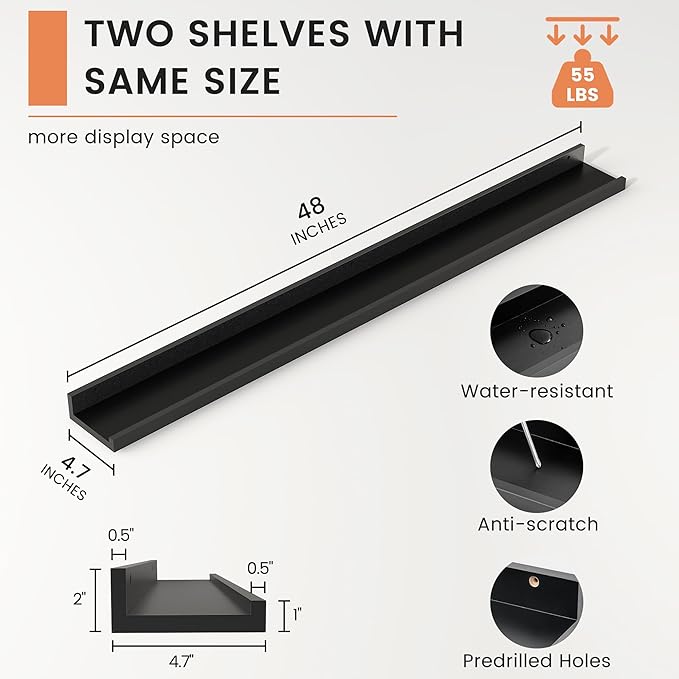FLYJOE Picture Ledge Shelf, Floating Shelves Set of 2, 48 Inches Long Large Nursery Book Shelves for Toys Storage, Kids Bookshelf Wall Mounted for Living Room Bedroom Decor Books Photo Frames, Black