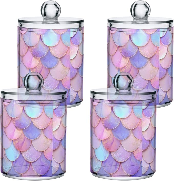 2 Pack Apothecary Jars Light Pink Fish Scales Bathroom Vanity Storage Organizer Set,Small Clear Plastic Storage Jars Bathroom Canister for Cotton Swabs, Rounds, Balls, Qtips,Makeup Sponges, Fl