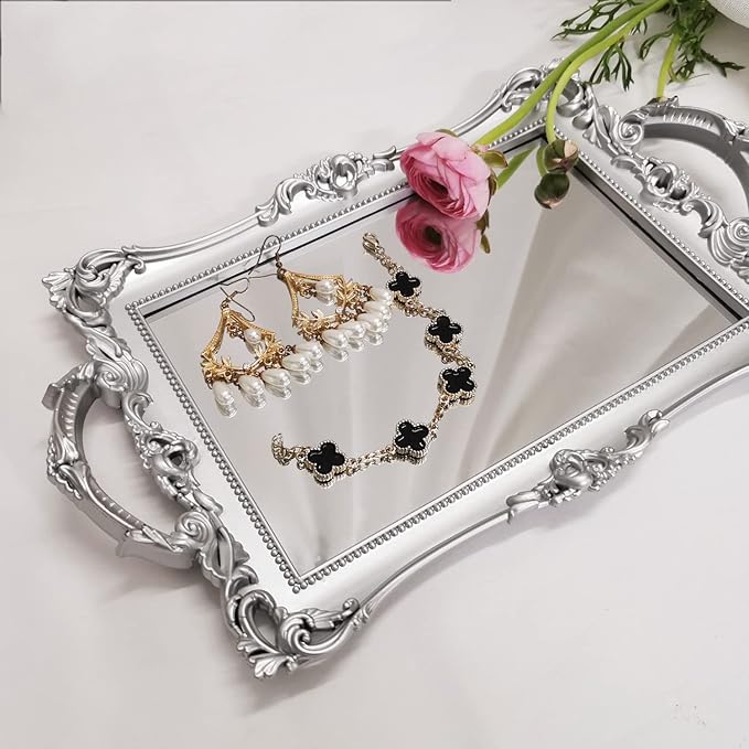 Small Rectangle Decorative Mirror Tray, French Style, Makeup Organizer, Jewelry Organizer, Serving Tray, 13"x 7.8", Silver