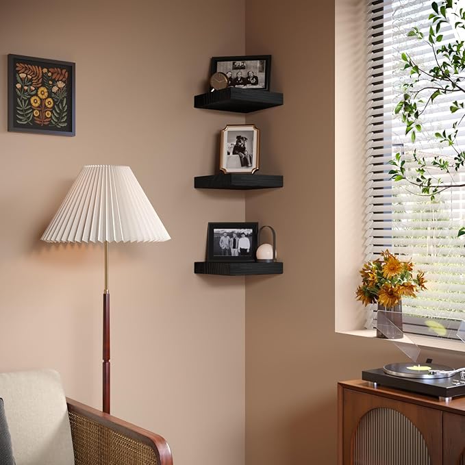 PopiShelves Small Floating Shelves for Wall - 9 Inch Square Black Shelves for Bedroom, Living Room, Bathroom, Kitchen, Office Decor Set of 3