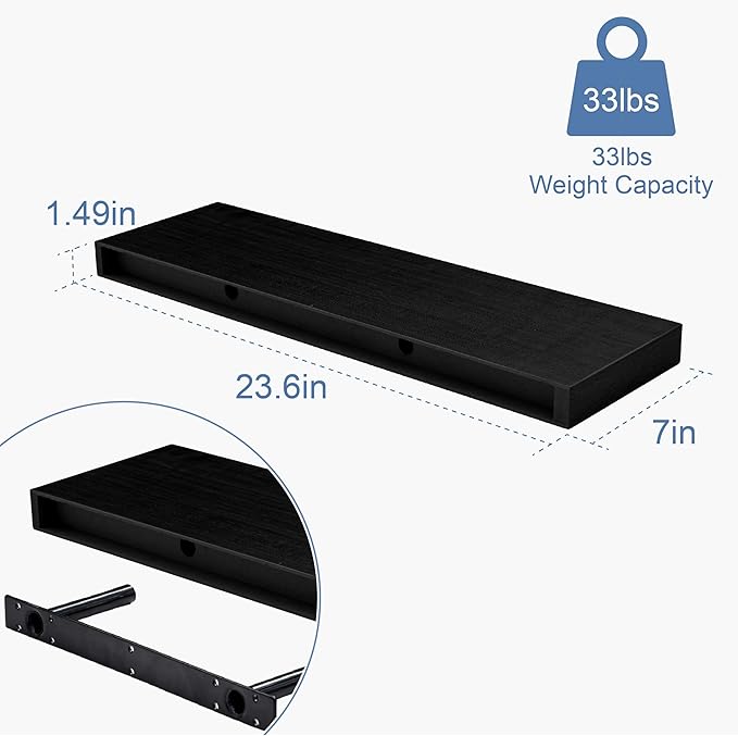 Floating Shelves for Wall, Bathroom Shelves Over Toilet, Wall Shelves & Book Shelf for Room, Hanging Shelf, Modern Wooden Mounted Floating Shelves, 24x7x1.5 in (Black, Set of 2)