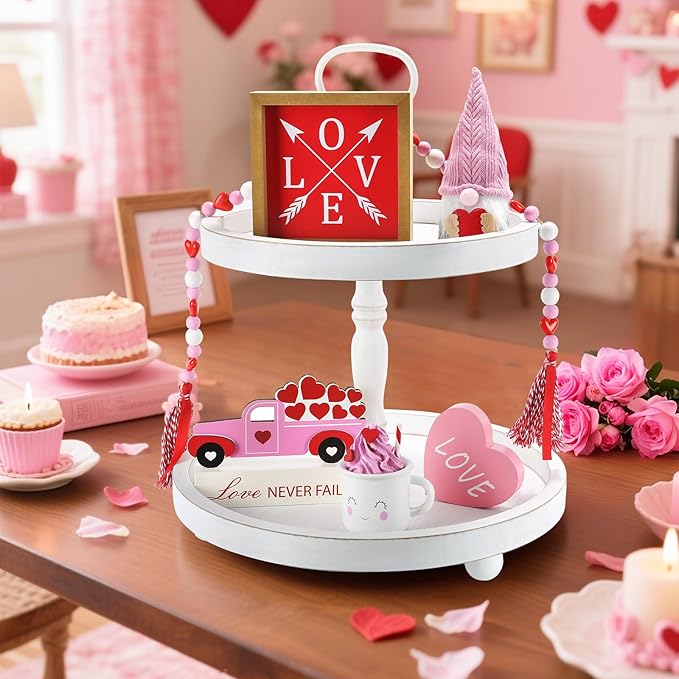 Wooden Two Tiered Tray Stand, Farmhouse Round 2 Tier Decorative Tray for Home Kitchen Table Decor, Serving Tray for Coffee Bar Party Weddding Holiday Decorations Fruits and Cupcake Display (White)