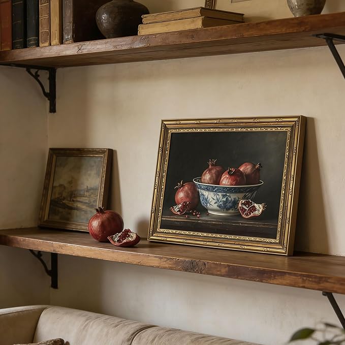 Gold Framed Wall Art Vintage Pomegranate Still Life Wall Art Fall Red Fruit Wall Decor Picture Rustic Farmhouse Autumn Kitchen Poster Print Country Cottage Gallery Aesthetics Decoration 9x11in