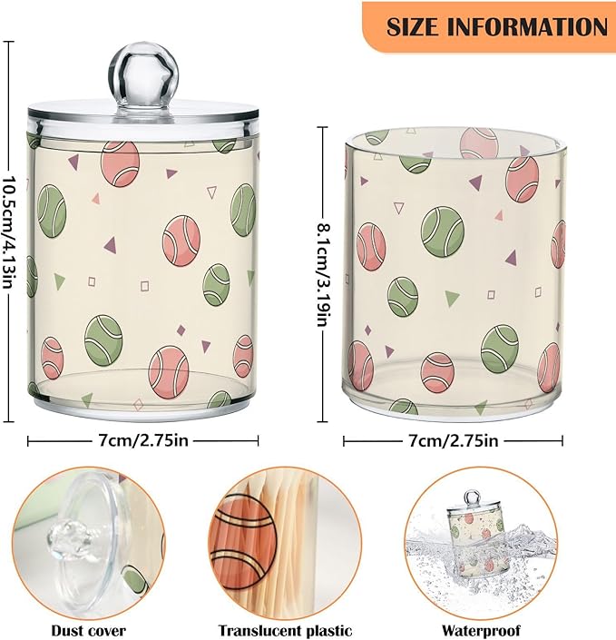 Tennis Balls Pattern Bathroom Containers Holder with Lids Set Clear Jars 2 Pack Plastic Makeup Storage Organizer 4.13 x 2.75In for Vanity Floss Picks Balls