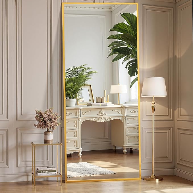 OLIXIS Full Length Mirror for Bedroom, 65"x24" Full Body Mirror with Stand, Hanging or Leaning for Wall, Aluminum Alloy Thin Frame Floor Standing for Living Room, Long, Gold
