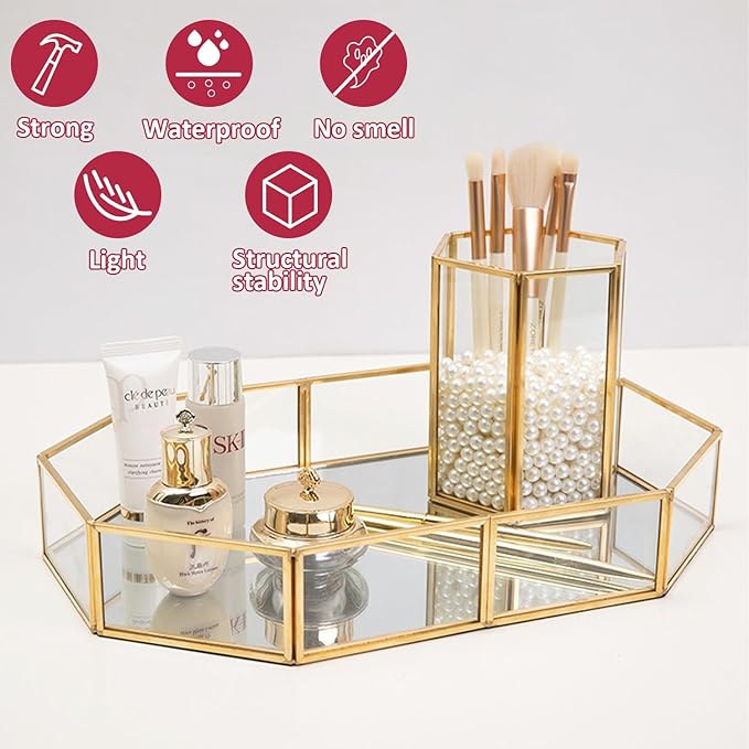 Octagon Vintage Gold Mirror Glass Vanity Tray,Ornate Geometric and Brass Plated Display Storage Organizer for Makeup Brushes/Lipstick/Skincare/Perfumes/Beauty Room/Bathroom Accessories