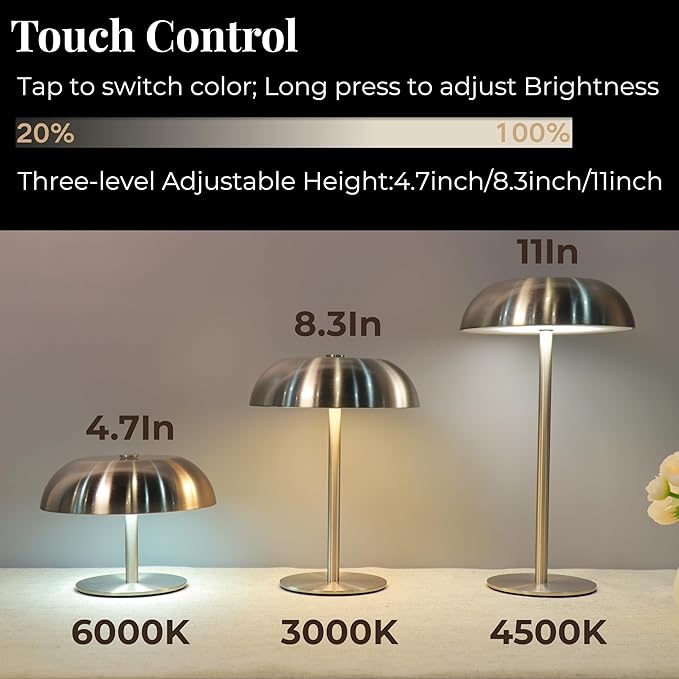 Portable Mushroom Table Lamp with 5200mAh Battery, Cordless LED Night Light with Stepless Dimming, 3 Color Modes & Adjustable Height for Bedroom, Patio, Bar Decor and Coffee Shop Ambiance (Balck-tall)
