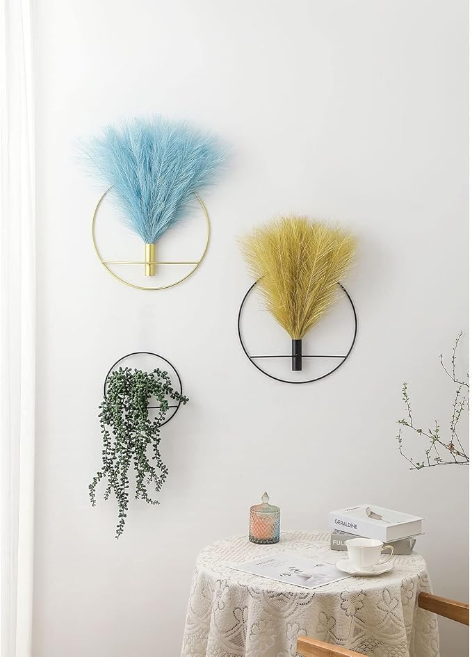 Pretty Jolly Wall Decor Metal Vase Decoration Holder, Mounted Artificial Flowers, Black Fake Wheat 2 Pack, Art Greenery, Farmhouse, Boho