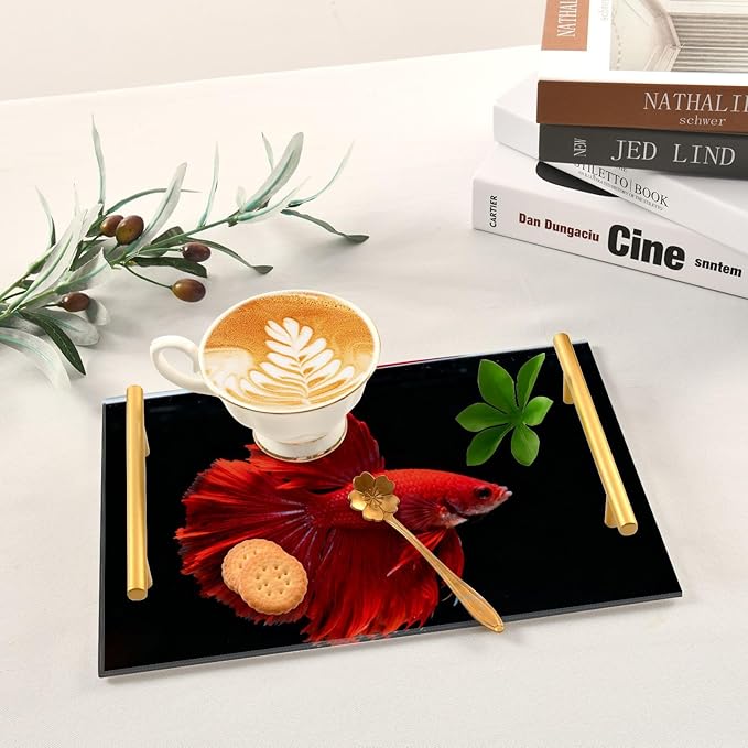 Red Betta Fish Decorative Acrylic Bar Tray with Handles Tray with Gold Handles for Jewelry Perfume for Restaurant Serving bandejas para desayuno personalizado