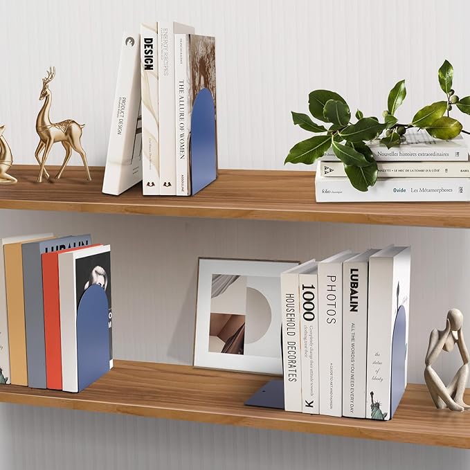 Metal Book Ends for Shelves - 8Pcs Bookends for Heavy Books Non-Skid Decorative Book Stopper to Hold Books/CDs for Home Office School and Desktop Organizer, Dark Blue