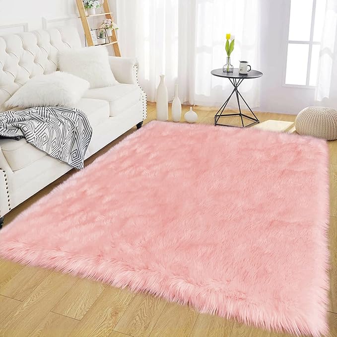 Latepis Pink Faux Fur 4'x5'10" Area Rug, Soft Plush Faux Fur Sheepskin Rugs for Living Room, Washable Fluffy Fuzzy Rug for Bedroom and Living Room, Luxury Room Decor, Rectangle