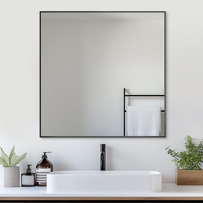 Antok 36x36 Black Metal Framed Bathroom Mirror, Wall Mirror with Rect Corners, Vanity Mirror for Over Sink, Anti-Rust Tempered Glass, Horizontal/Vertical Hanging for Bathroom, Living Room, Entryway