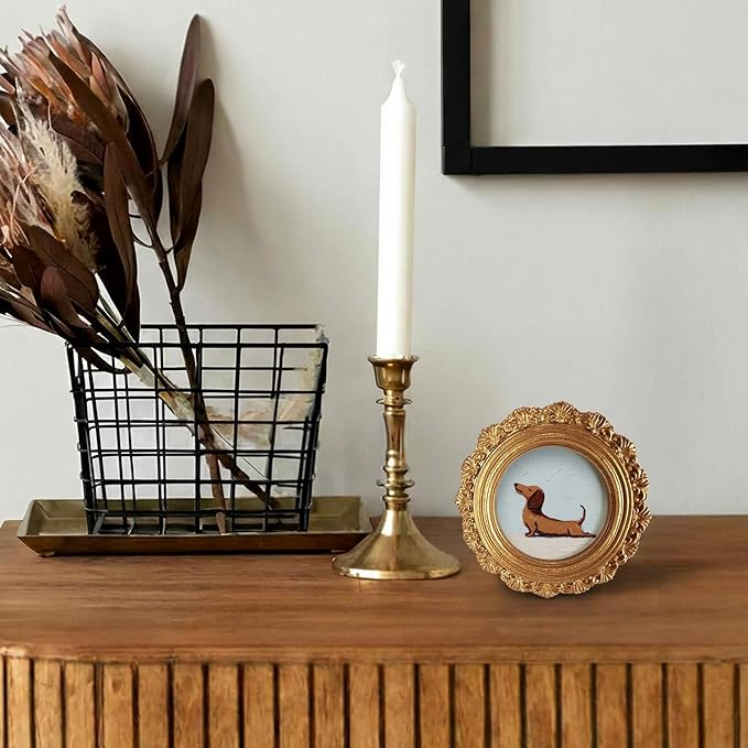Small Vintage Dachshund Dog Round Picture Frame Wall Decor, Funny Wiener Gold Mini Ornate Photo Frame for TableTop Desk 2.7in Photo, Cute Rustic Framed Artwork for Walls Office Bedroom Shelf