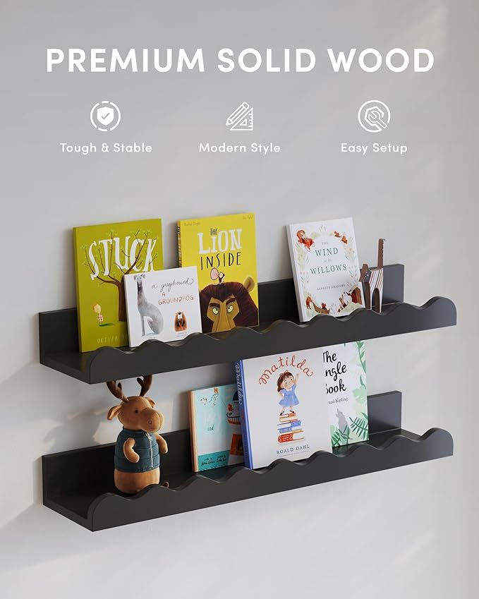 Seocry Kids' Bookshelf Set of 4 - Black Floating Nursery Book Shelves, Picture Ledge Shelf for Wall Decor and Storage - Perfect for Books, Toys, Photo Frames, and Nursery Décor