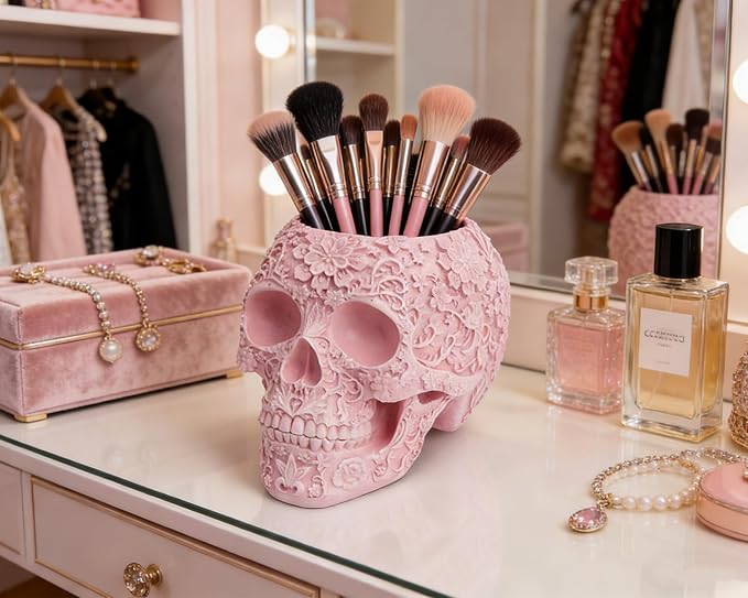 Skull Bowl Decorative Skull Vase Makeup Brush Pen Holder Organizer Dresser Gothic Table Organizer Decoration, Pink Skull Pot Enthusiasts Gifts