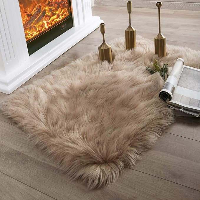 Ashler Faux Fur Rug, Fluffy Shaggy Area Rug Ultra Soft 2 x 2.9 Feet Rectangle Beige Fuzzy Rug Machine Washable Shag Rug, Nursery Decor Throw Rugs for Bedroom, Kids Room, Living Room